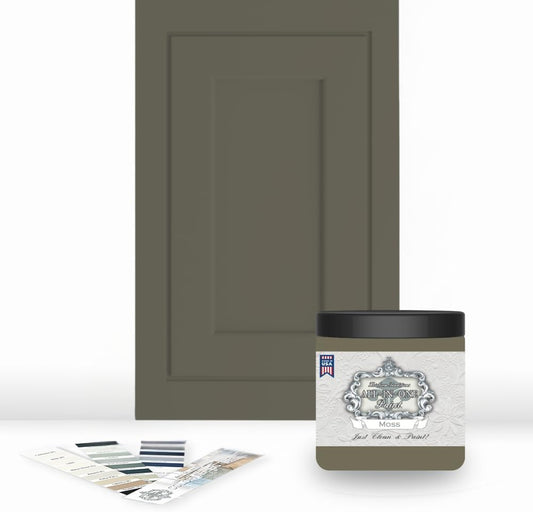 ALL-IN-ONE Paint, Durable cabinet and furniture paint. Built in primer and top coat, no sanding needed. Includes our 30 featured color card - Moss, 8oz Sample
