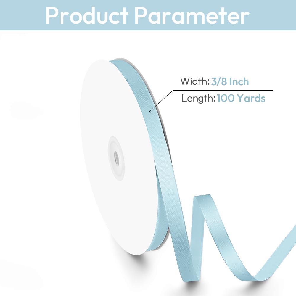 3/8" Width x 100 Yards Satin Ribbon, Small Light Blue Ribbon Perfect for DIY Craft, Bows, Gift Wrapping, Flower Bouquet, Valentine's Day, Christmas and Party Decoration