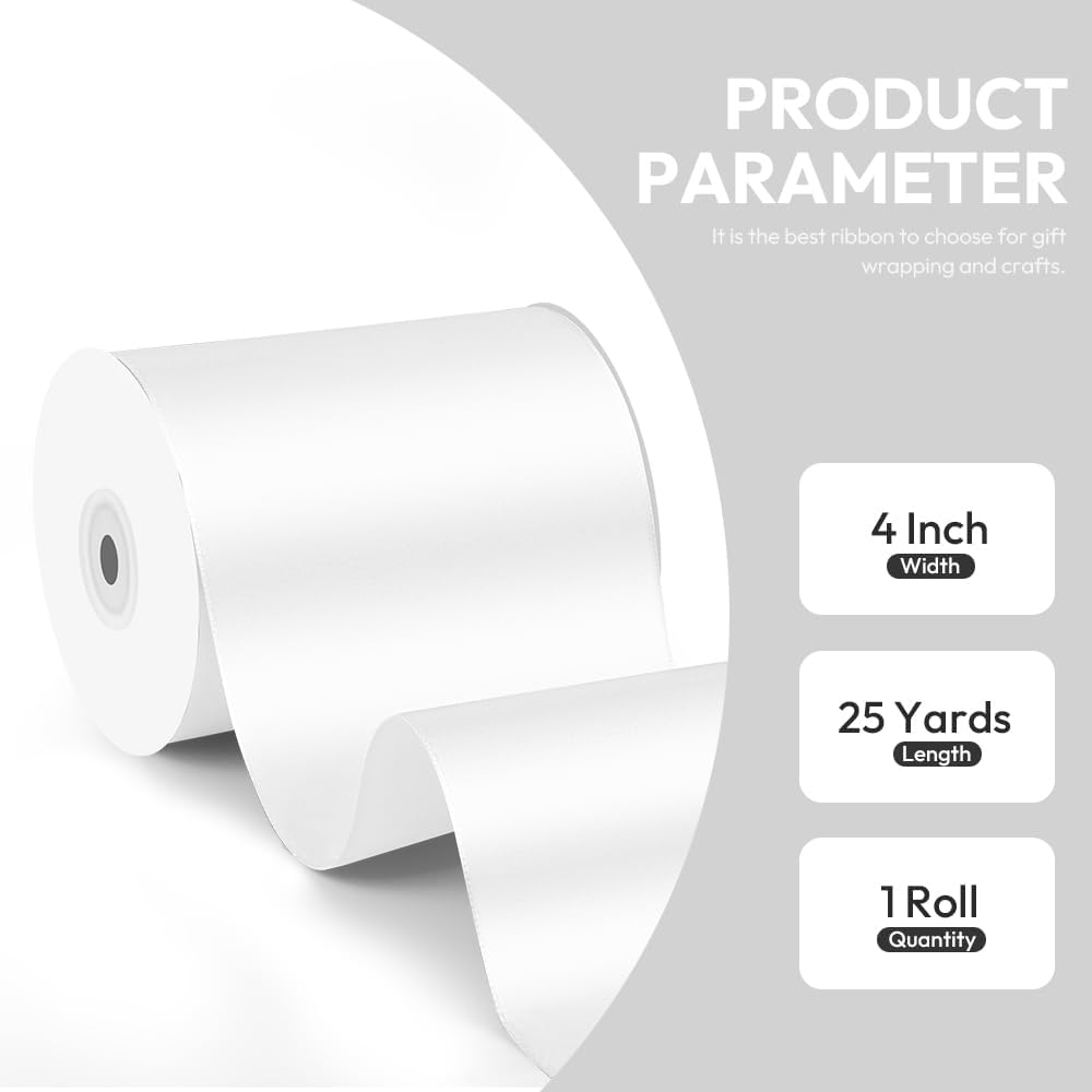4 Inch x 25 Yard White Satin Ribbon - Perfect for Gift Wrapping, Cutting Ribbons, Ceremony Décor, Wedding Bouquets, Embroidery, Christmas Crafts & Sewing Projects