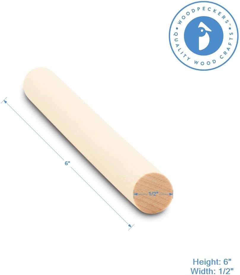 Dowel Rods Wood Sticks Wooden Dowel Rods - 1/2 x 6 Inch Unfinished Hardwood Sticks - for Crafts and DIYers - 100 Pieces by Woodpeckers