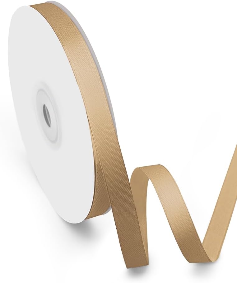 3/8" Width x 50 Yards Satin Fabric Ribbon, Champagne Gold Ribbon Perfect for DIY Bows, Swags, Gift Wrapping, Craft, Flower Bouquet，Christmas and Party Decoration