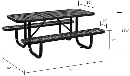 Global Industrial 6’L Rectangular Picnic Table, Expanded Metal, Black Thermoplastic Coating, Attached Benches, 1-1/2” Umbrella Pole Hole, Outdoor-Rated, 1000 lb Capacity, 72” x 30” Tabletop