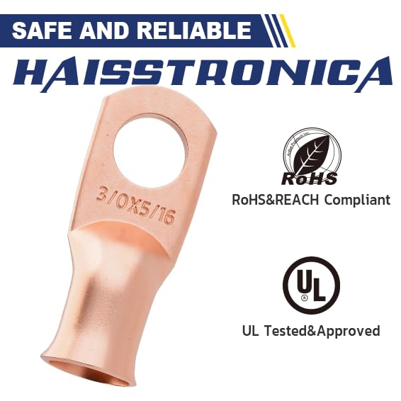 haisstronica 10pcs 3/0 AWG - 5/16"(M8) Battery Cable Lugs, Heavy Duty Copper Wire Lugs with 10pcs 3:1 Adhesive Heat Shrink Tubing, 000 Gauge Wire Lugs, Battery Terminal Connector, Battery Cable Ends