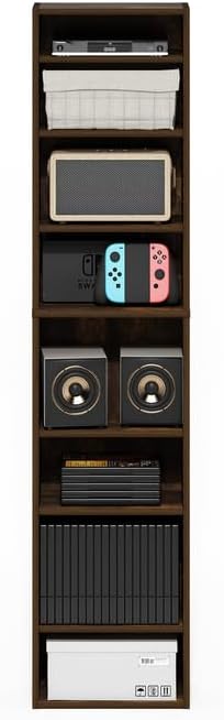 Adjustable Shelves Multimedia Storage Tower Rack with Spacious Media Organization, Durable Design, Versatile Rack for DVDs, CDs, Games, and More Amber Pine/8 Tier Narrow