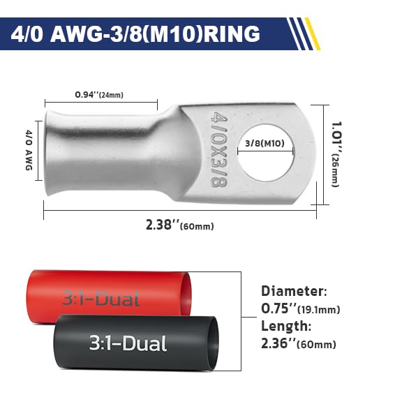 haisstronica 10pcs 4/0 AWG - 3/8"(M10) Tinned Copper Battery Lugs