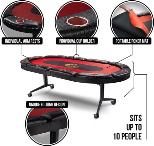 Triton Foldable Poker Table with 10 Chairs - Premium Soft-Padded Armrest, Individual Cup Holders, Portable Mat- Crafted with Durable Materials, Long-Lasting Poker Table for 10 Players