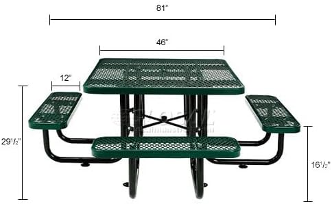 Global Industrial 46" Square Picnic Table, Expanded Metal, Green Thermoplastic Coating, Attached Benches, 1-1/2” Umbrella Pole Hole, Outdoor-Rated, 1000 lb Capacity