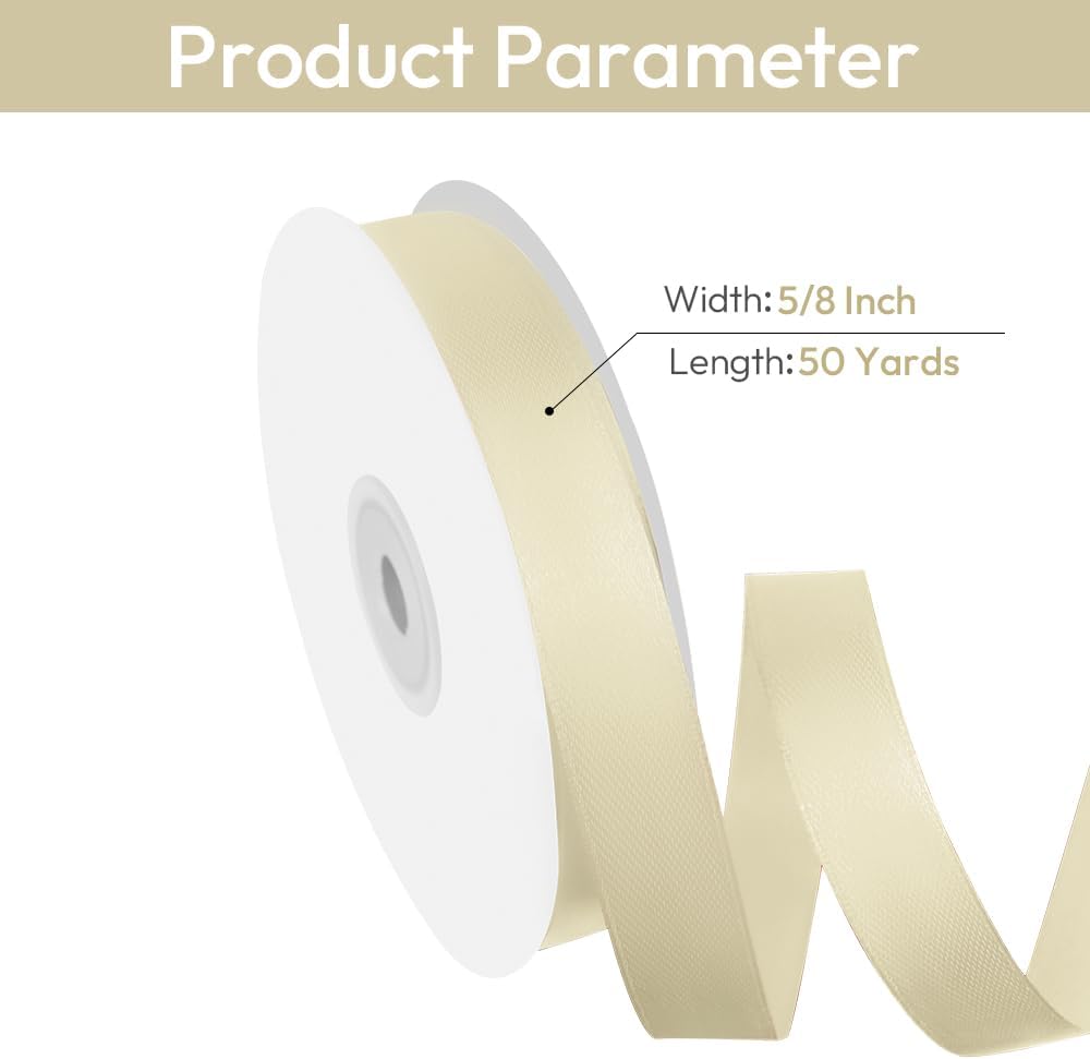 5/8" Width x 50 Yards Satin Fabric Ribbon, Ivory Ribbon Perfect for DIY Bows, Swags, Gift Wrapping, Craft, Flower Bouquet，Christmas and Party Decoration