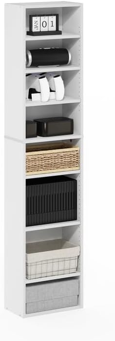 Adjustable Shelves Multimedia Storage Tower Rack with Spacious Media Organization, Durable Design, Versatile Rack for DVDs, CDs, Games, and More White/8 Tier Narrow