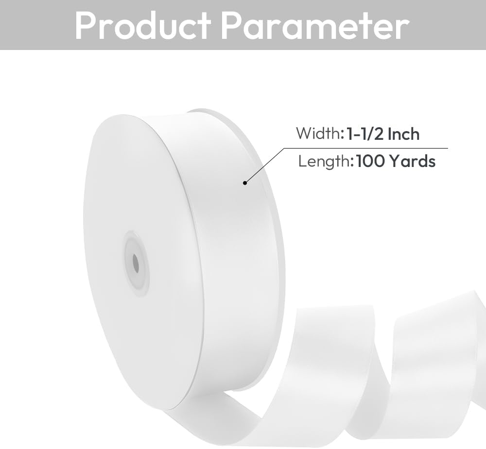 1-1/2" Width x 100 Yards Satin Ribbon, White Ribbon Perfect for DIY Craft, Bows, Gift Wrapping, Flower Bouquet, Valentine's Day, Christmas and Party Decoration
