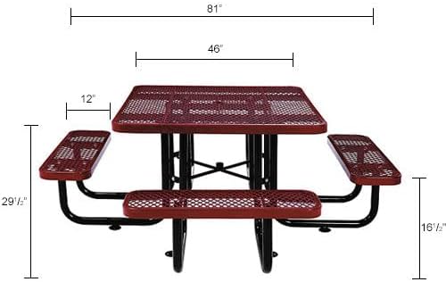 Global Industrial 46" Square Picnic Table, Expanded Metal, Red Thermoplastic Coating, Attached Benches, 1-1/2” Umbrella Pole Hole, Outdoor-Rated, 1000 lb Capacity