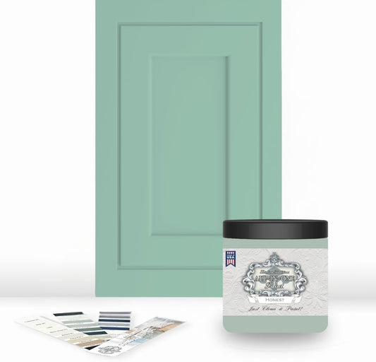 ALL-IN-ONE Paint, Durable cabinet and furniture paint. Built in primer and top coat, no sanding needed. Includes our 30 featured color card - Honest (mint green), 8oz Sample