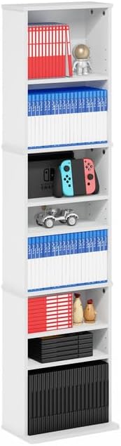 Adjustable Shelves Multimedia Storage Tower Rack with Spacious Media Organization, Durable Design, Versatile Rack for DVDs, CDs, Games, and More White/9 Tier