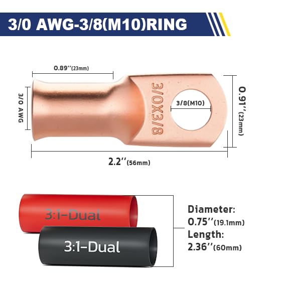 haisstronica 10pcs 3/0 AWG - 3/8"(M10) Battery Cable Lugs, Heavy Duty Copper Wire Lugs with 10pcs 3:1 Adhesive Heat Shrink Tubing, 000 Gauge Wire Lugs, Battery Terminal Connector, Battery Cable Ends