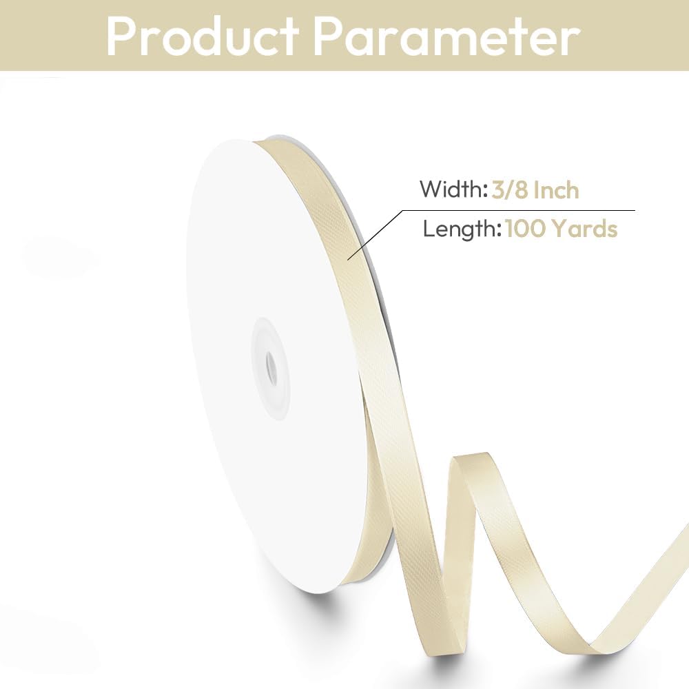 3/8" Width x 100 Yards Satin Ribbon, Small Ivory Ribbon Perfect for DIY Craft, Bows, Gift Wrapping, Flower Bouquet, Valentine's Day, Christmas and Party Decoration