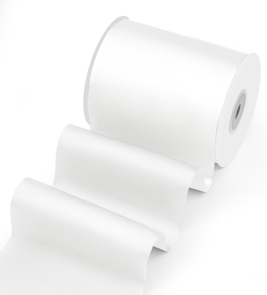 4" Width x 25 Yards Satin Fabric Ribbon, White Ribbon Perfect for Wedding Car, Chair Sash, Grand Opening Ceremony, Big Bows, Embroidery, Floral Crafts, Party Decoration