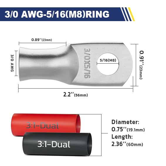 haisstronica 10pcs 3/0 AWG - 5/16"(M8) Tinned Copper Battery Lugs