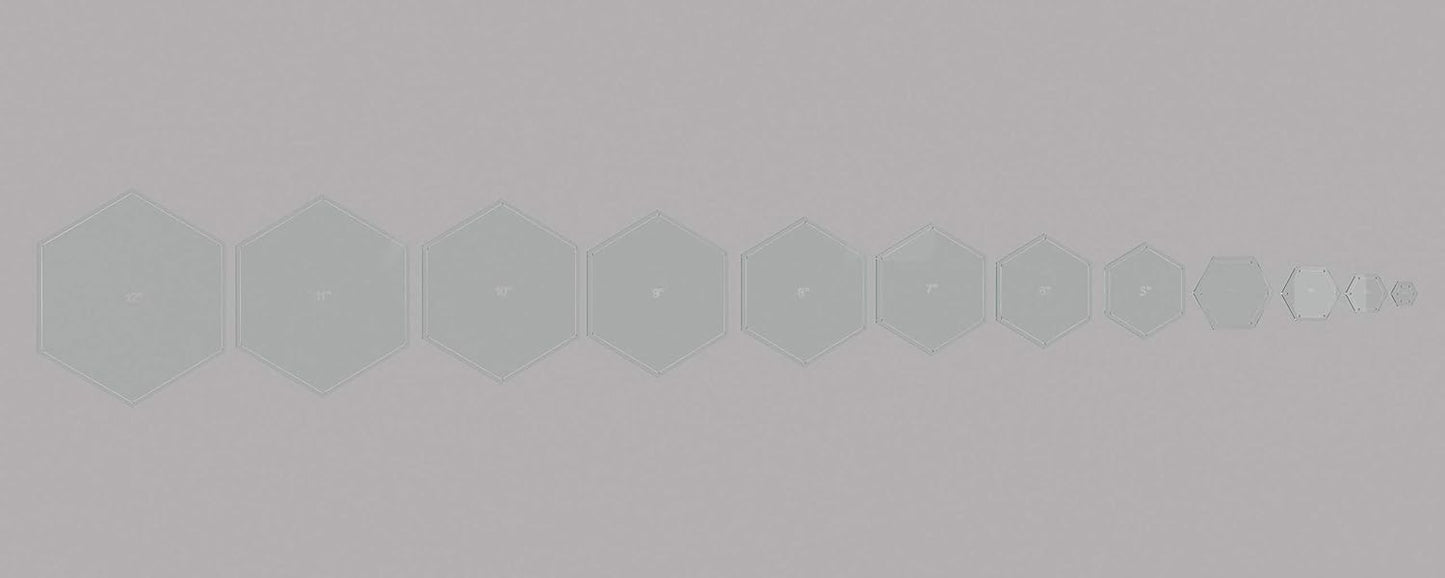 Hexagon Quilting Template Set - 1", 2", 3", 4", 5", 6", 7", 8", 9", 10", 11", 12" with 1/4" Seam Allowance - Durable Acrylic Templates for Quilting, Patchwork, Crafting, & Sewing Projects