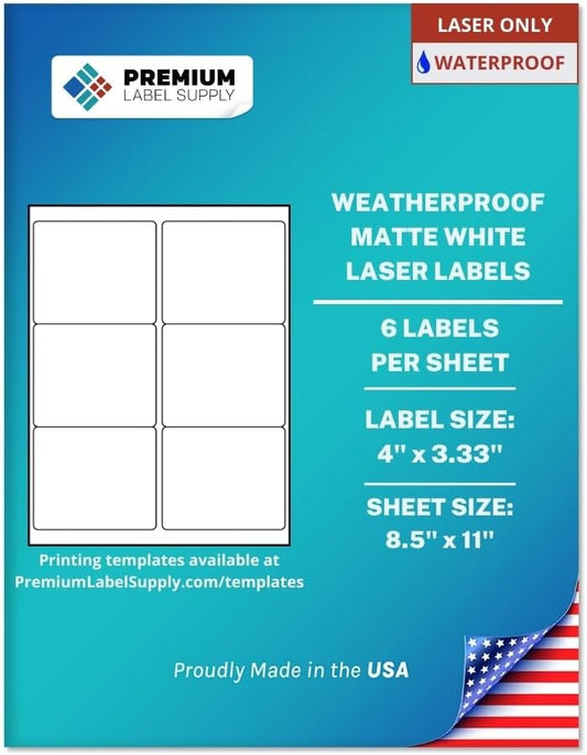 Premium Label Supply Waterproof Matte White Sticker Labels – 4" x 3.33" – Laser Printers Only – (6 per Sheet), 500 Sheets - 3,000 Total Adhesive Labels
