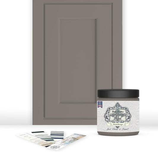 ALL-IN-ONE Paint, Durable cabinet and furniture paint. Built in primer and top coat, no sanding needed. Includes our 30 featured color card - Stonehenge (mid-tone greige), 8oz Sample