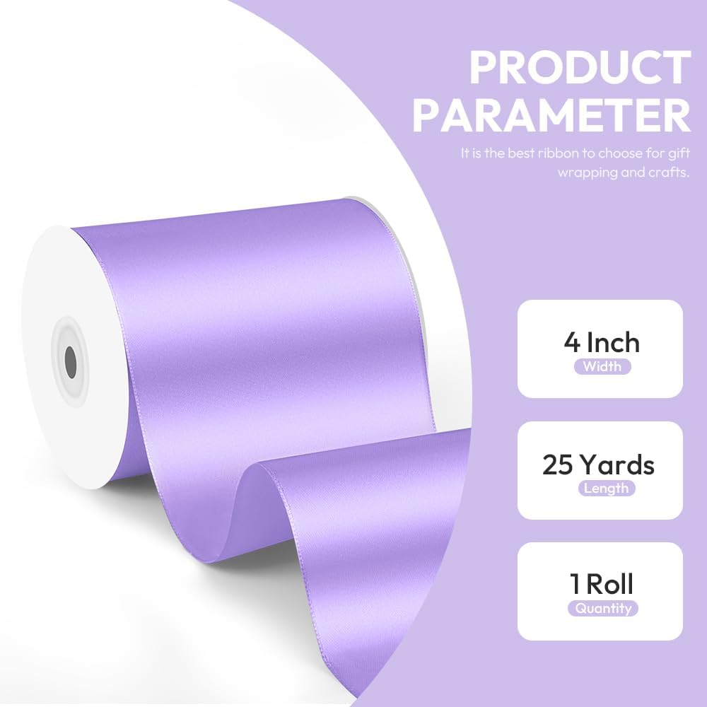 4" x 25 Yards Satin Ribbon, Light Purple Silk Ribbon Ideal for Gift Wrapping, Floral Bouquets, Crafts, Wedding Party Decorations, Christmas and Sewing Projects