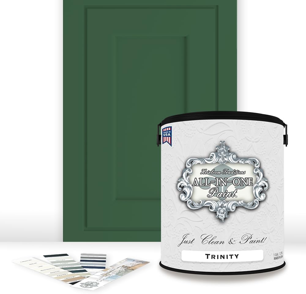 ALL-IN-ONE Paint, Durable cabinet and furniture paint. Built in primer and top coat, no sanding needed. Includes our 30 featured color card - Trinity (green), Gallon