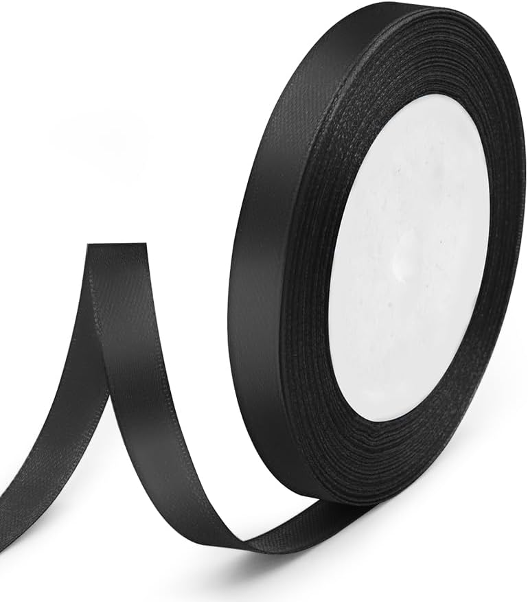 3/8" x 25 Yards Satin Ribbon, Black Silk Ribbon Ideal for Gift Wrapping, Floral Bouquets, Crafts, Wedding Party Decorations, Christmas and Sewing Projects