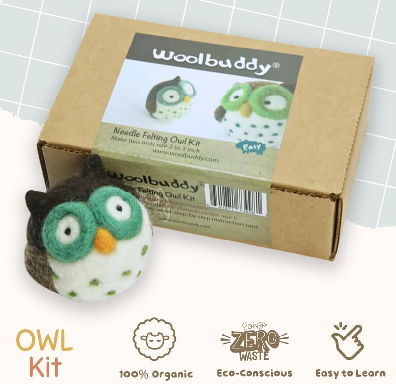 Woolbuddy Owl Needle Felting Kit for Beginners – DIY Animal Craft Kit with Wool, Needles & Photo Instructions – Fun Project for Adults & Kids