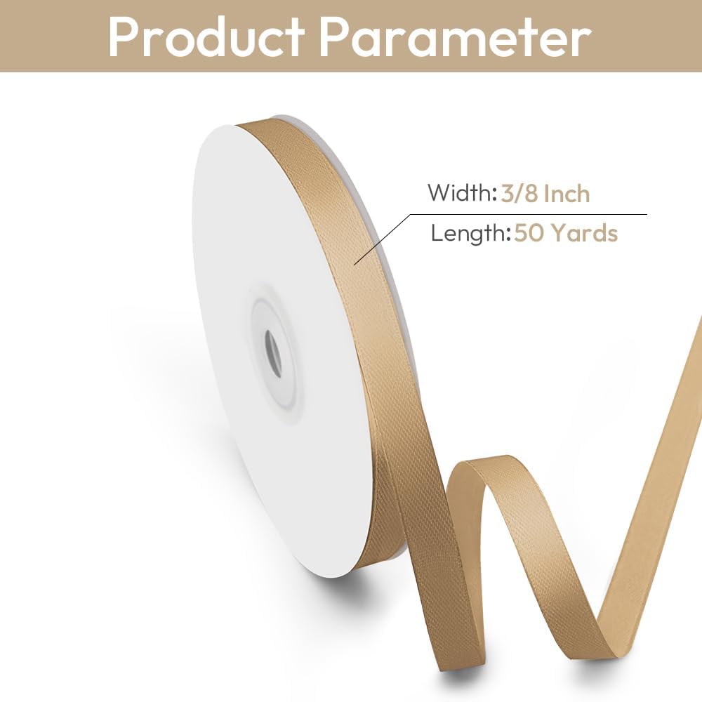 3/8" Width x 50 Yards Satin Fabric Ribbon, Champagne Gold Ribbon Perfect for DIY Bows, Swags, Gift Wrapping, Craft, Flower Bouquet，Christmas and Party Decoration