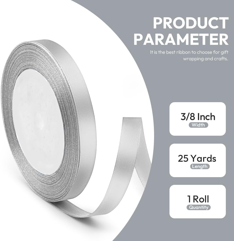 3/8" x 25 Yards Satin Ribbon, Silver Silk Ribbon Ideal for Gift Wrapping, Floral Bouquets, Crafts, Wedding Party Decorations, Christmas and Sewing Projects