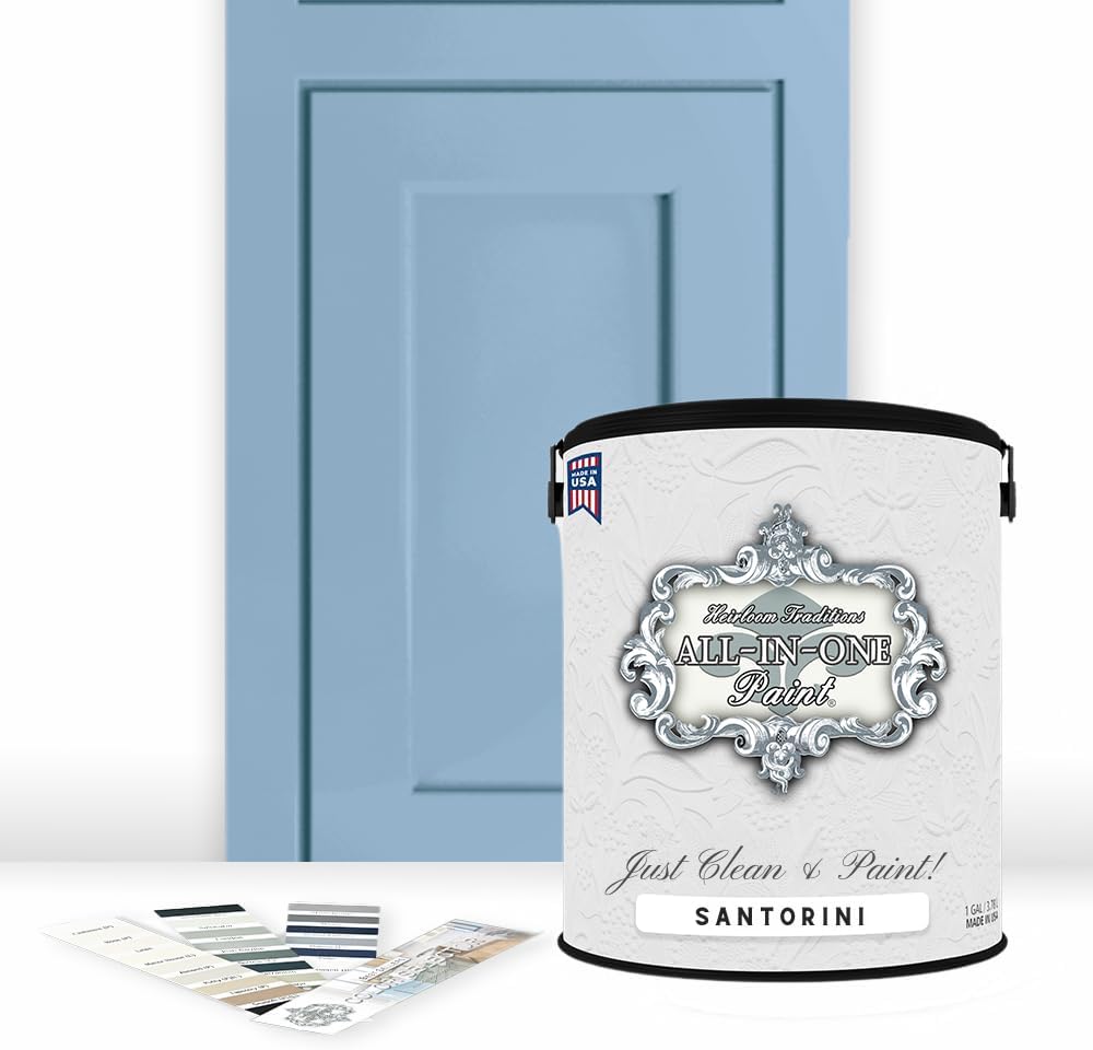 ALL-IN-ONE Paint, Durable cabinet and furniture paint. Built in primer and top coat, no sanding needed. Includes our 30 featured color card - Santorini (slate blue), Gallon