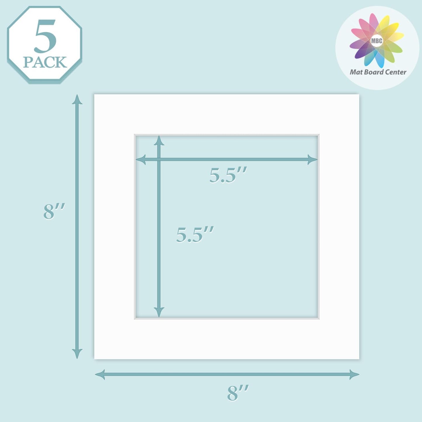 MBC Mat Board Center, 5 Pack 8x8 for 6x6 White Picture Mats Frame Mattes, Bevel Cut, Acid Free, 4-ply Thickness