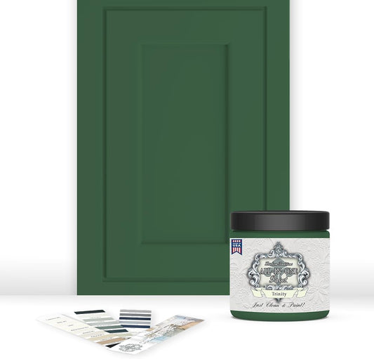 ALL-IN-ONE Paint, Durable cabinet and furniture paint. Built in primer and top coat, no sanding needed. Includes our 30 featured color card - Trinity (green), 8oz Sample