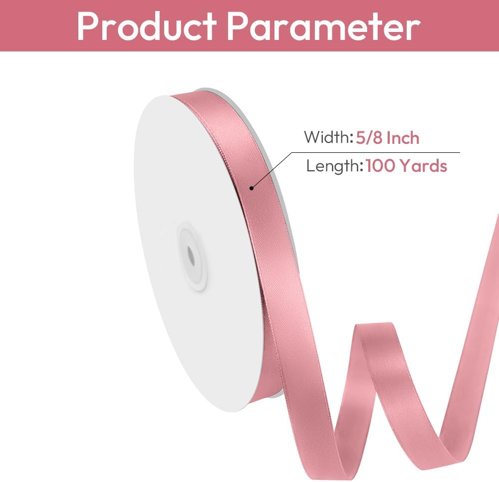 5/8" Width x 100 Yards Satin Ribbon, Pink Ribbon Perfect for DIY Craft, Bows, Gift Wrapping, Flower Bouquet, Valentine's Day, Christmas and Party Decoration