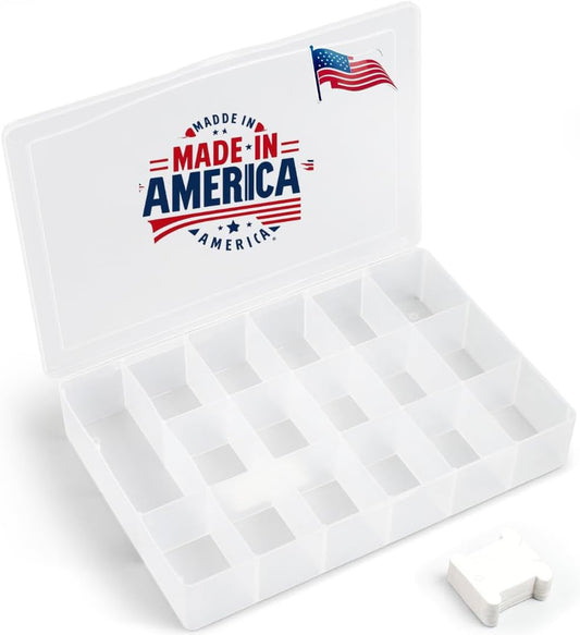 Embroidery Floss Organizer Box with 50 Cardboard Bobbins - 17 Compartments Clear embroidery thread organizer box, Snap-Tight Clear Sewing Organizer - Jewelry Bead Holder (Made in USA)