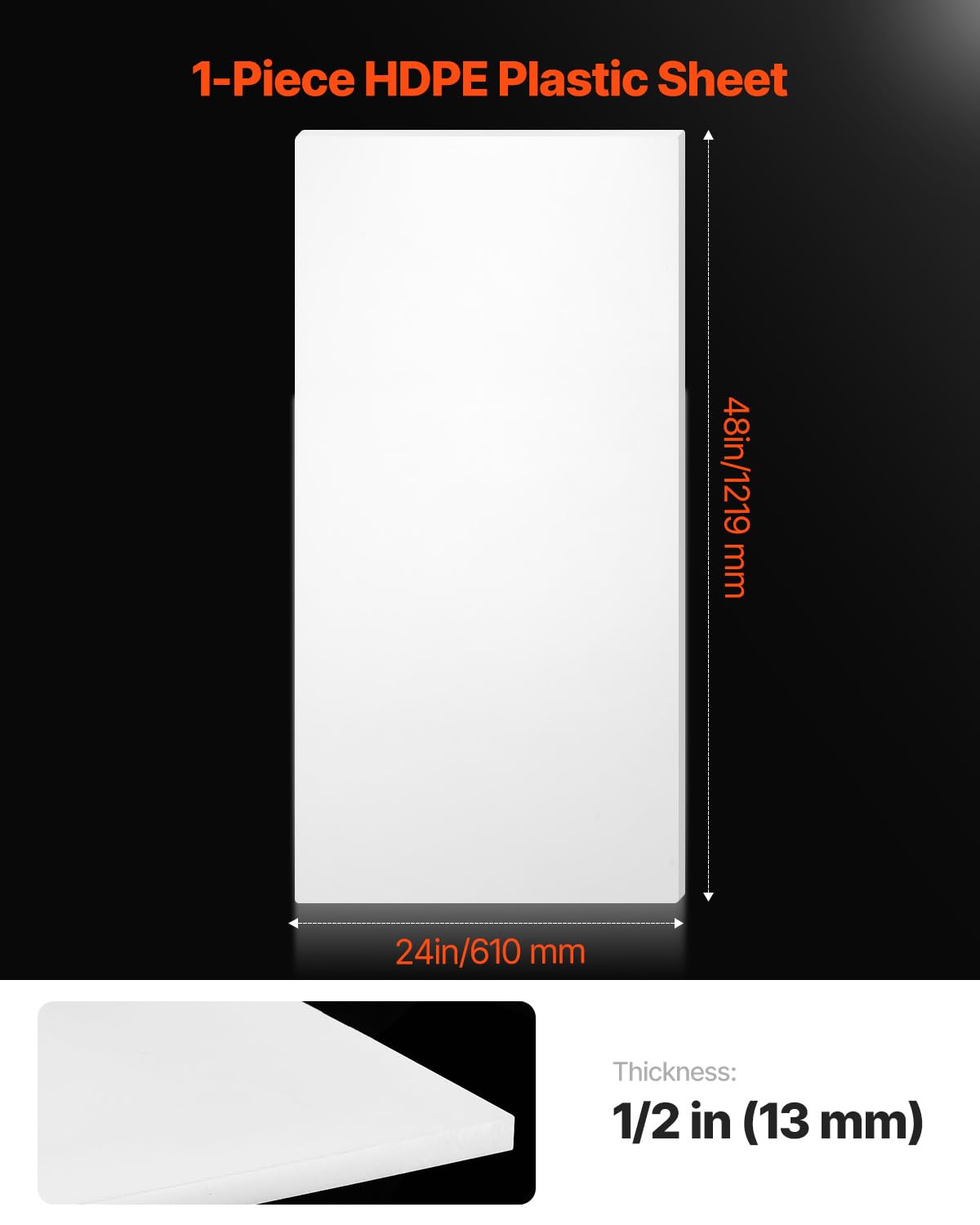 VEVOR HDPE Plastic Sheet Board, 1 Pack High Density Polyethylene Sheet Plastic Panel, 24 x 48 Inch 1/2 Inch Thick Customizable Plastic Panels, for DIY Crafts, Heavy Duty Industrial Equipment, White