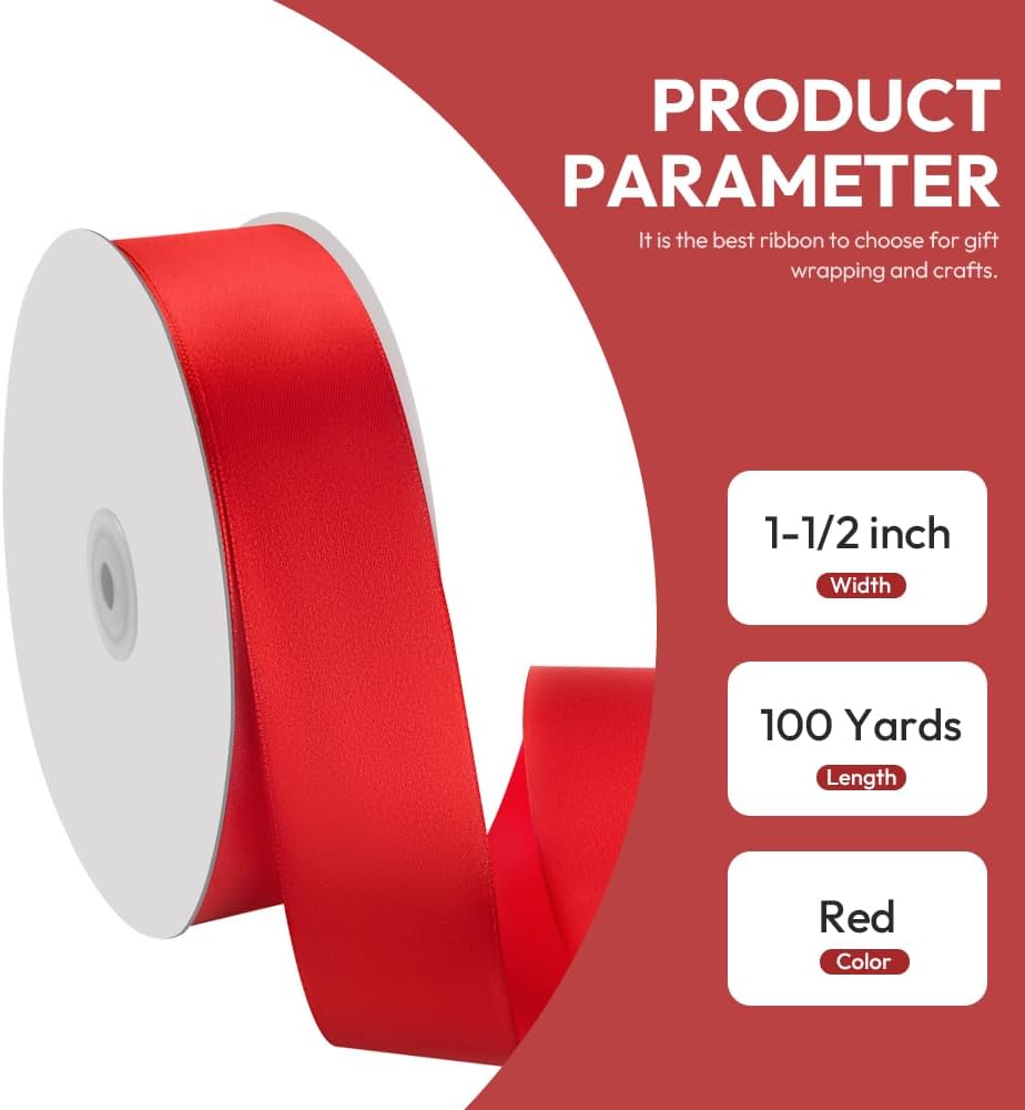 1-1/2" x 100 Yards Satin Ribbon - Wide Silk Red Ribbon with Spool - Ideal for Gift Wrapping, Floral Bouquets, Crafts, Wedding Party Decorations, Christmas and Sewing Projects