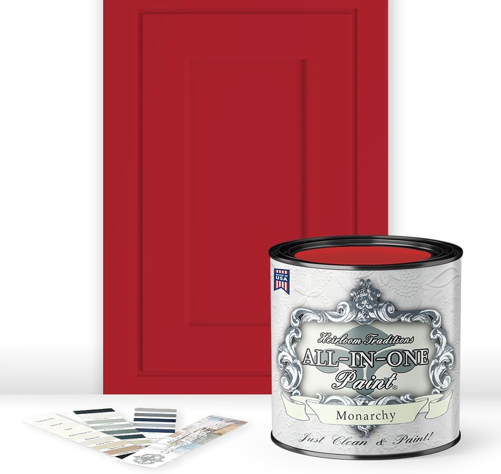 ALL-IN-ONE Paint, Durable cabinet and furniture paint. Built in primer and top coat, no sanding needed. Includes our 30 featured color card - Monarchy (primary red), Quart