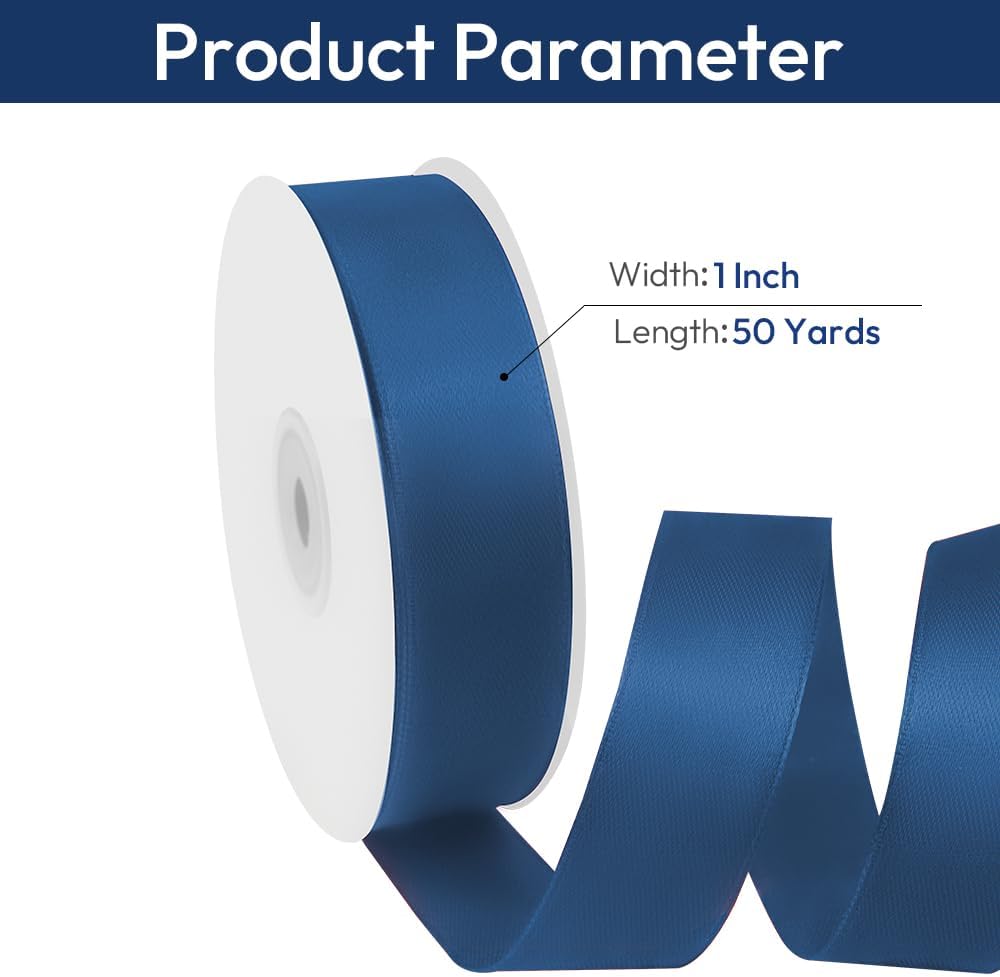 1" Width x 50 Yards Satin Fabric Ribbon, Navy Blue Ribbon Perfect for DIY Bows, Swags, Gift Wrapping, Craft, Flower Bouquet，Christmas and Party Decoration