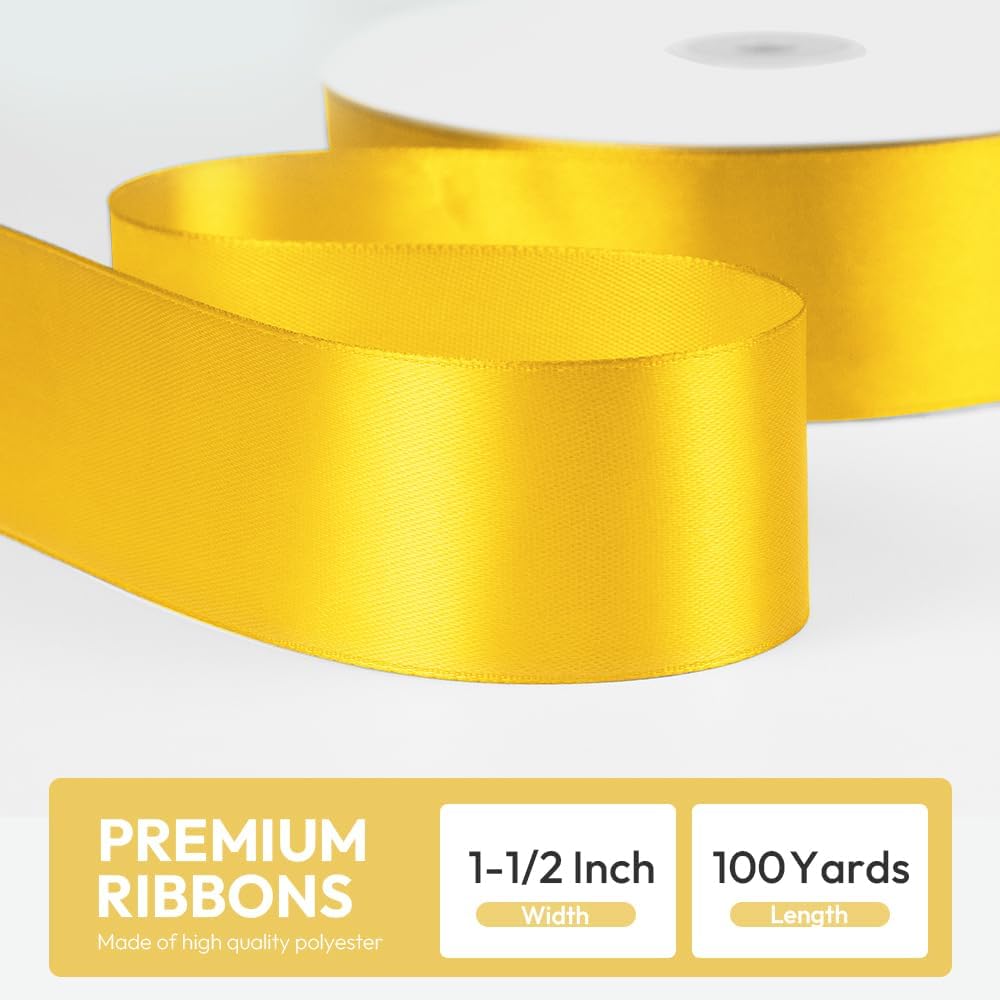 1-1/2" x 100 Yards Satin Ribbon - Yellow Silk Ribbon with Spool - Ideal for Gift Wrapping, Floral Bouquets, Crafts, Wedding Party Decorations, Christmas and Sewing Projects