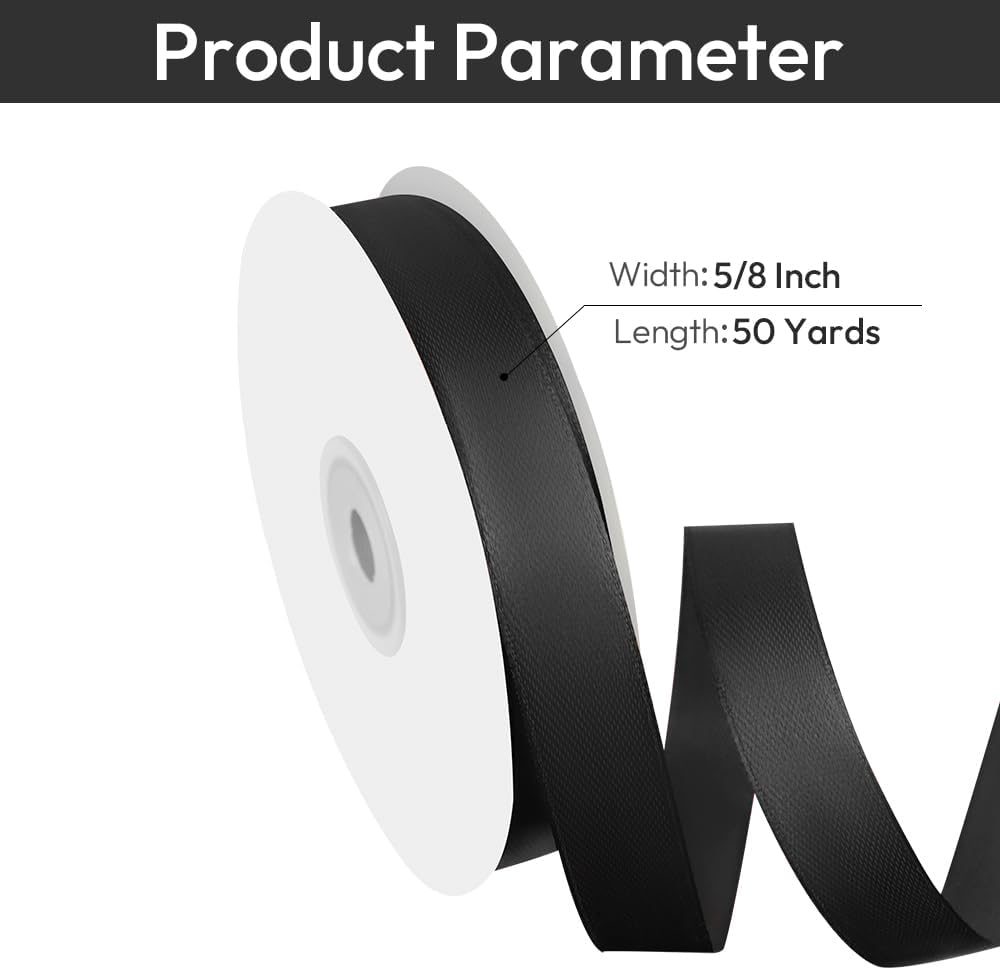 5/8" Width x 50 Yards Satin Fabric Ribbon, Black Ribbon Perfect for DIY Bows, Swags, Gift Wrapping, Craft, Flower Bouquet，Christmas and Halloween Party Decoration