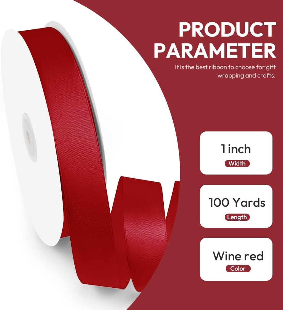 1" x 100 Yards Satin Ribbon - Wine Red Silk Ribbon with Spool - Ideal for Mother's Day Bows, Gift Wrapping, Floral Bouquets, Crafts, Wedding Party Decorations, Christmas and Sewing Projects