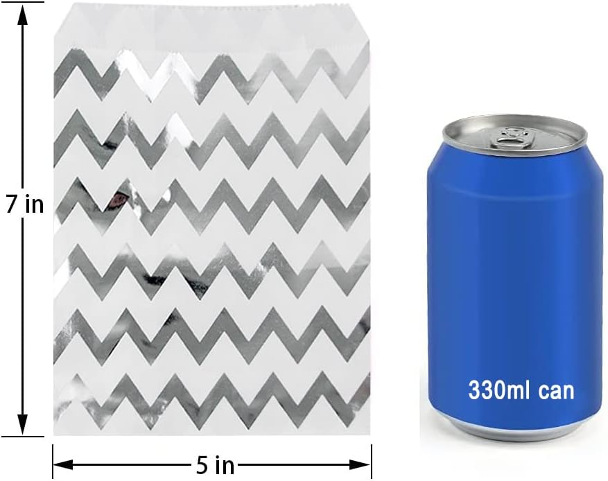 KEYYOOMY 100 Pcs Silver Candy Buffet Bags Small Cookie Bags Polka Dot Paper Treat Bag for Wedding Birthday Party (5 inch x 7 inch)