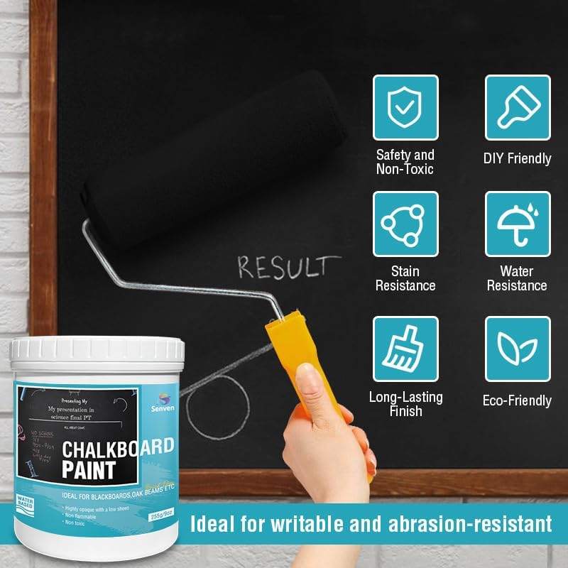 Chalkboard Paint Black Chalk Board Paint for Wood, Metal, Glass, Wall, Plaster Boards Sign, Frame Any Surface Black Matte Finish, Acrylic Non-Toxic, Quick-Dry - 250g, 9oz, Cover