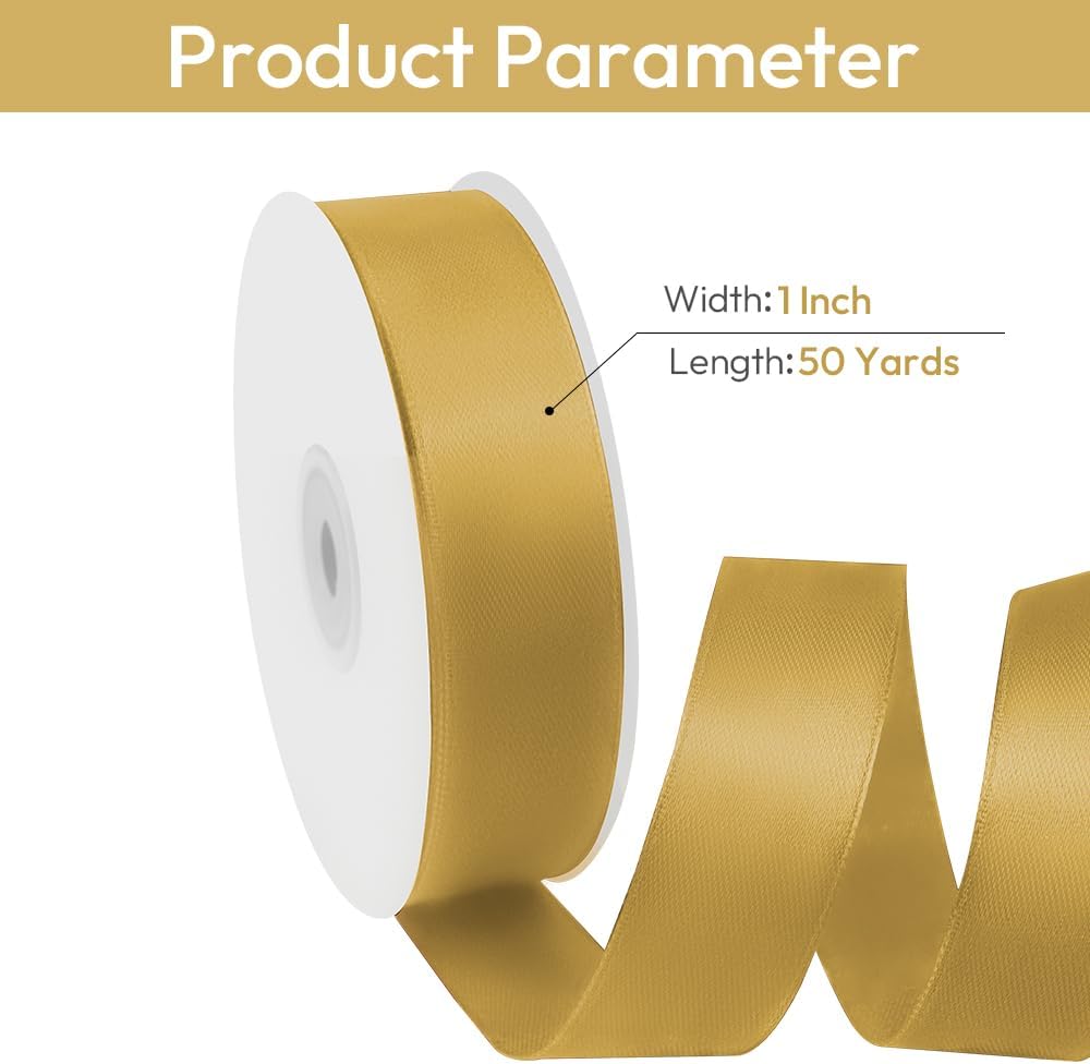 1" Width x 50 Yards Satin Fabric Ribbon, Gold Ribbon Perfect for DIY Bows, Swags, Gift Wrapping, Craft, Flower Bouquet，Christmas and Party Decoration