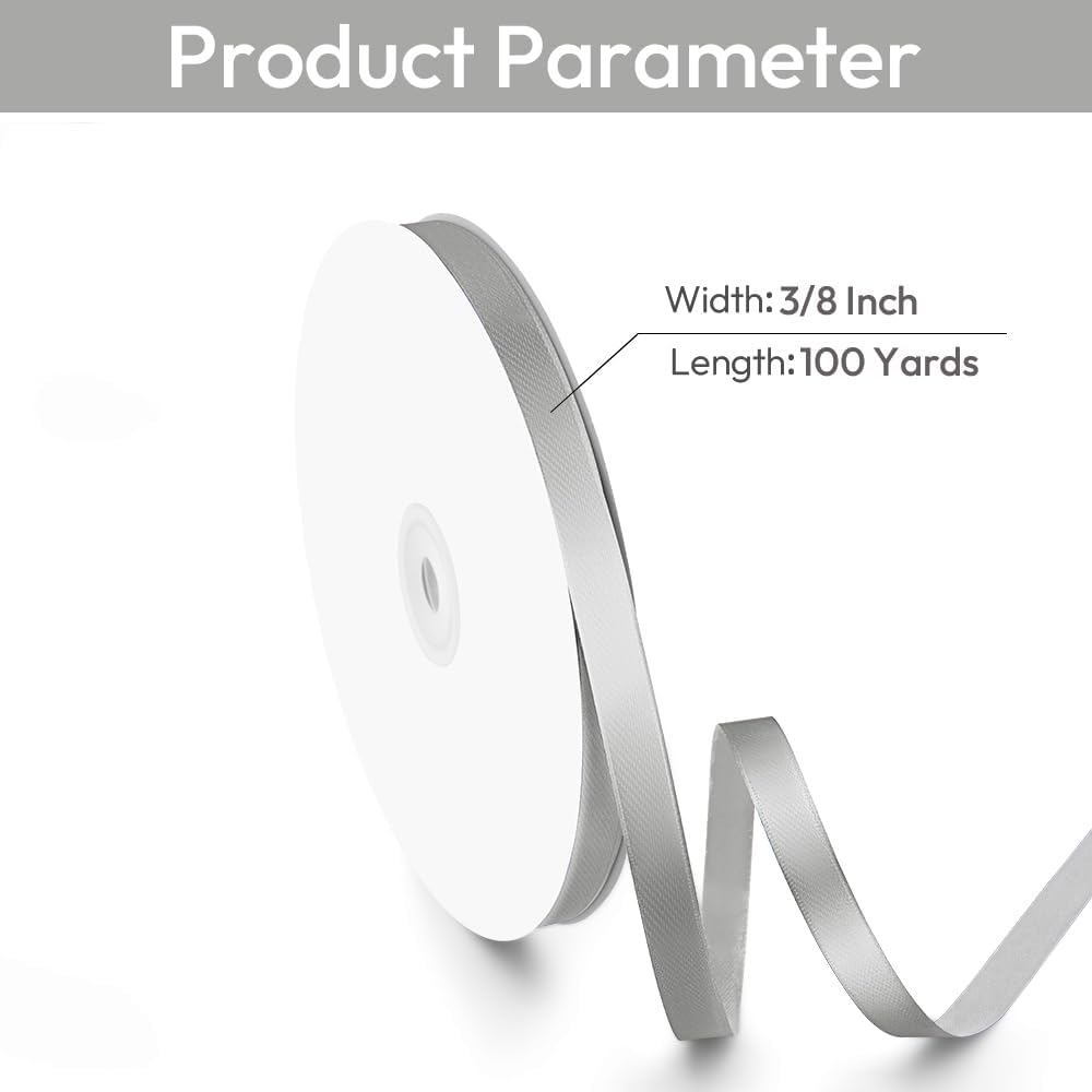 3/8" Width x 100 Yards Satin Ribbon, Small Silver Ribbon Perfect for DIY Craft, Bows, Gift Wrapping, Flower Bouquet, Valentine's Day, Christmas and Party Decoration