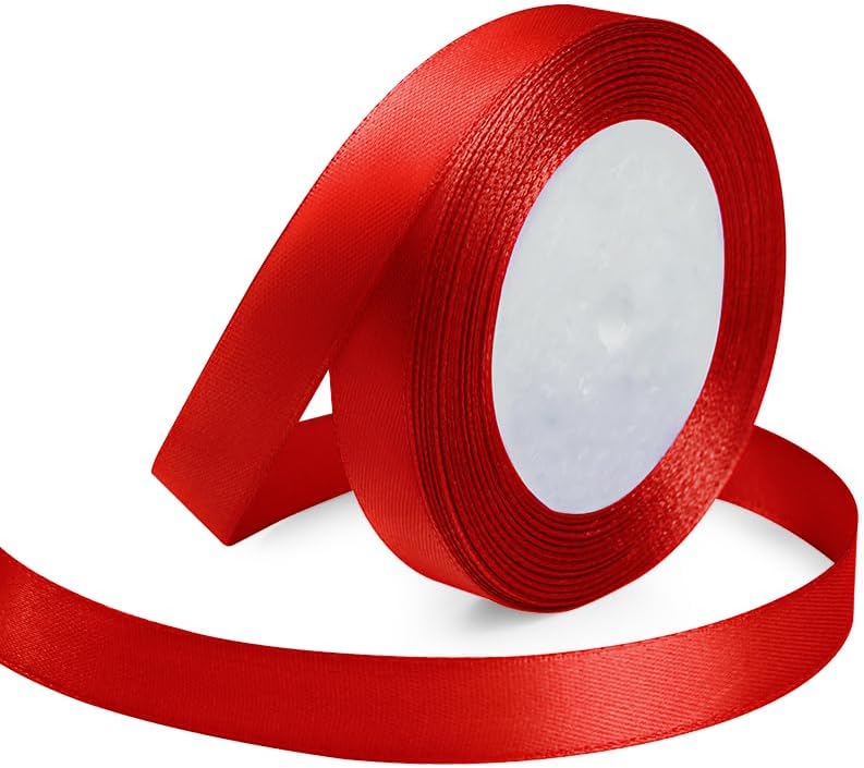 KMER LIFE 5/8 Inches x 25 Yards Red Satin Ribbon Solid Fabric Ribbons for Crafts, Wedding Decor, DIY Hair Accessories, Sewing, Gift Package Wrapping, Valentine's Day Bouquet and More