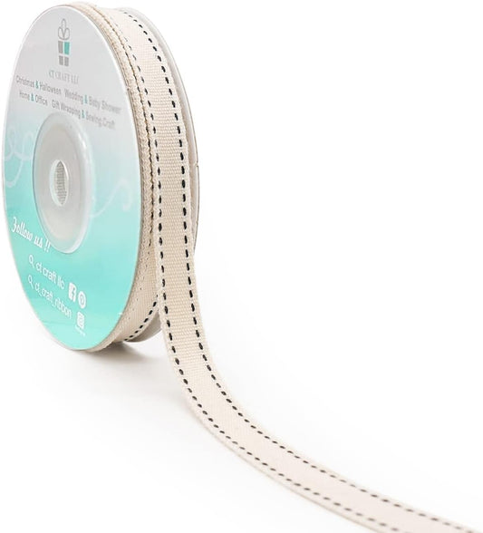 CT CRAFT LLC Ivory Cotton Black Stitched Ribbon 3/8" x 10 Yards for Home Décor Gift Present Wrapping DIY Crafts Birthday Wedding Bouquet Christmas