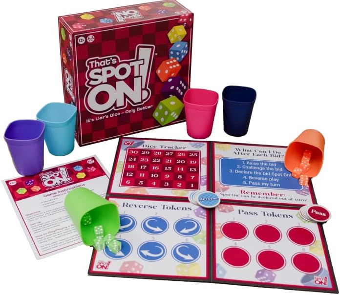 That's Spot On! Best Bluffing Strategy Game - Board, 6 Cups, 12 Tokens, 30 Dice – 2 to 6 Players, Ages 12+, Family Fun or Game Nights with Friends