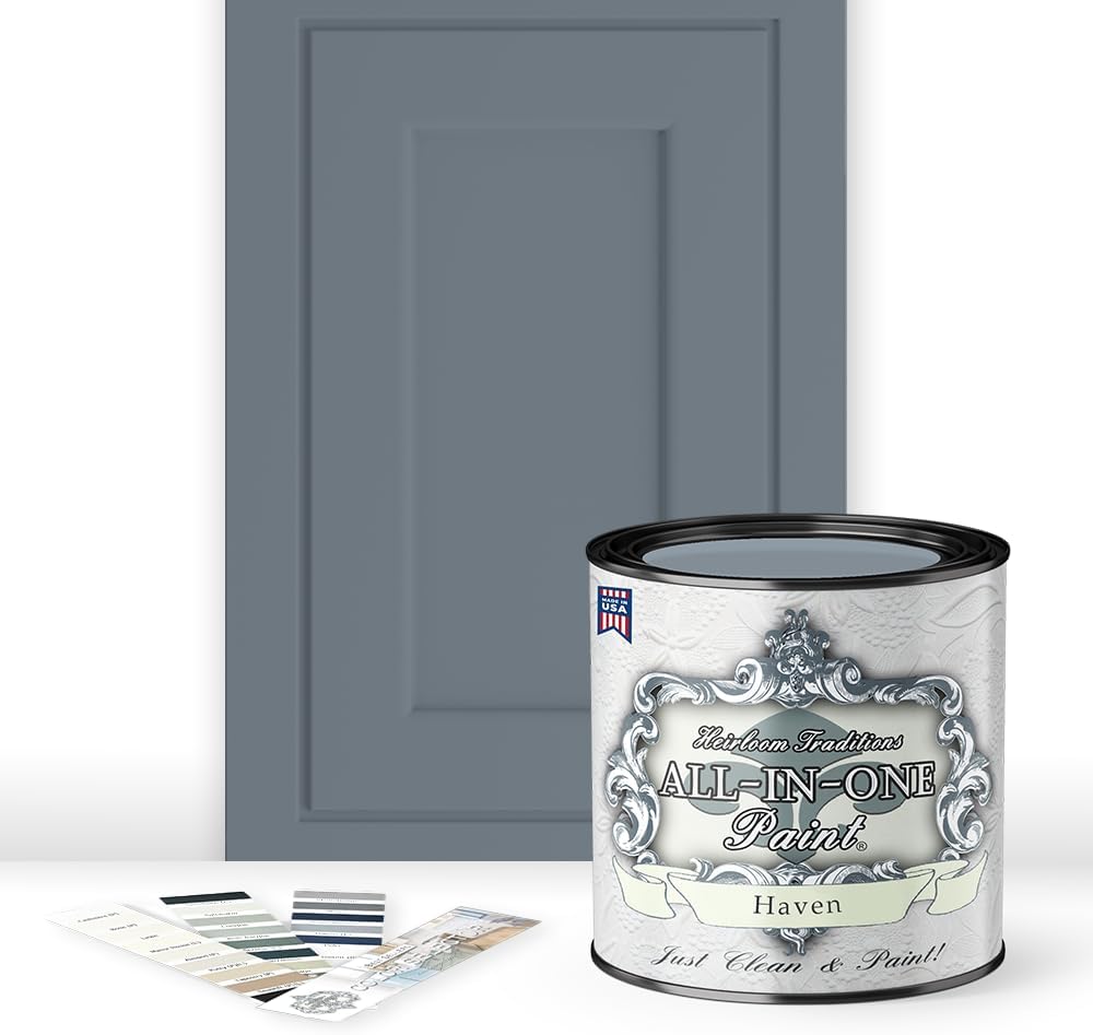 ALL-IN-ONE Paint, Durable cabinet and furniture paint. Built in primer and top coat, no sanding needed. Includes our 30 featured color card - Haven (heathered, muted blue), Quart